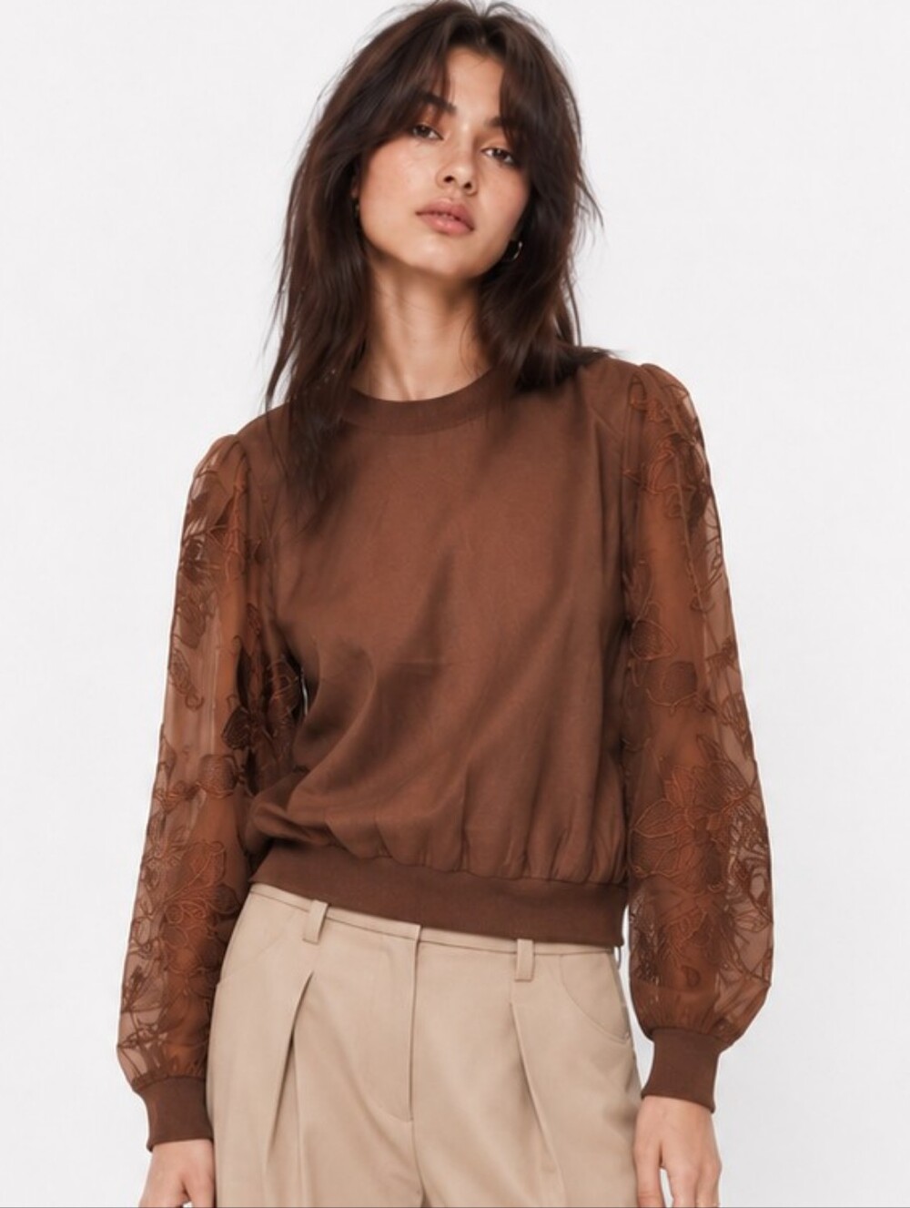 Express Brown Embroidered Sheer Sleeves Top Shirt Small NEW NWT